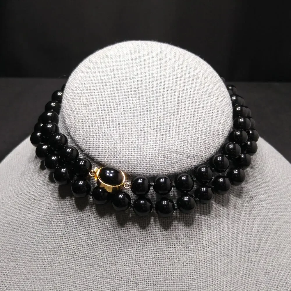 Vintage Onyx Beaded Necklace, Hand Knotted, Gold Tone Clasp, Quartz Tested 1980s